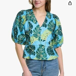 Draper James Monstera Leaf Print Peplum Blouse - size 14 NWT
